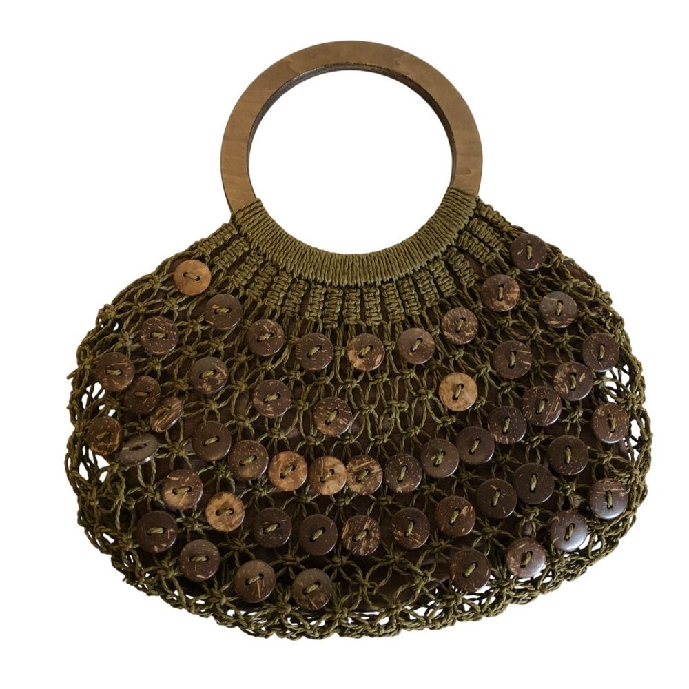Blue Miami Green Brown Button Design Crochet Wood Circle Handles Boho Retro
